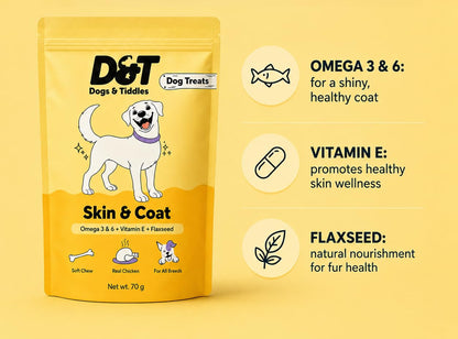Dogs & Tiddles Skin & Coat Dog Treats for Puppies & Adult Dogs, 70g | Soft & Chewy Real Chicken Treats | with Omega 3 & 6 | Supports Healthy Skin & Shiny Coat