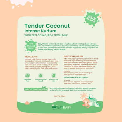Nat Habit Tender Coconut Baby Malai for Intense Nurture, Moisturizer for Deep Nourishment & Skin Barrier Protection | 100% Natural, Chemical-Free Baby Cream | 120ml