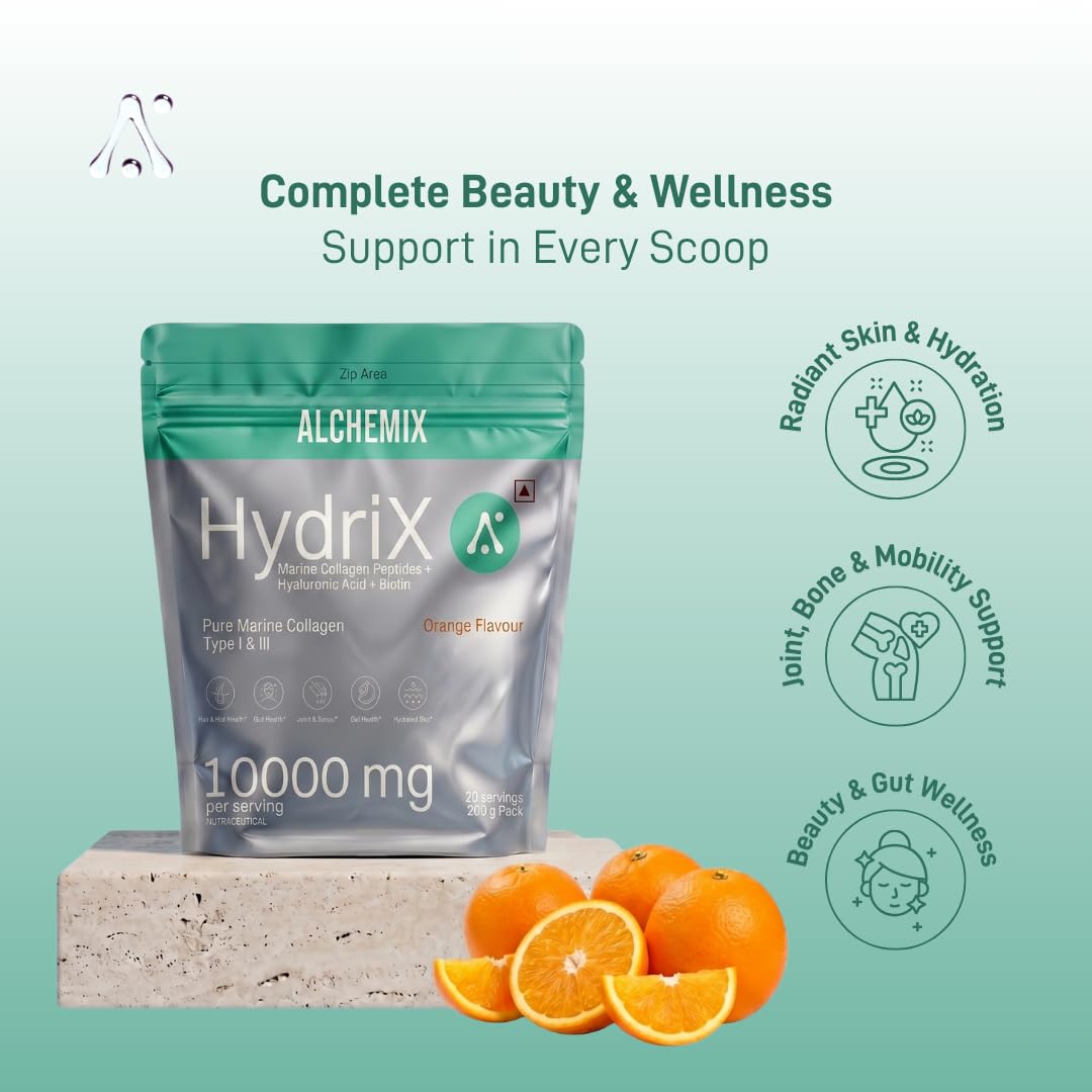 8000mg Korean Marine Collagen Peptides with Hyaluronic Acid, Vitamin C, Biotin & Zinc for Women & Men | 200g Hydrolyzed Collagen Powder | Supports Skin Radiance, Glow, Hair, Nails, Bone & Joint | Orange | 20 Servings | Alchemix Hydrix