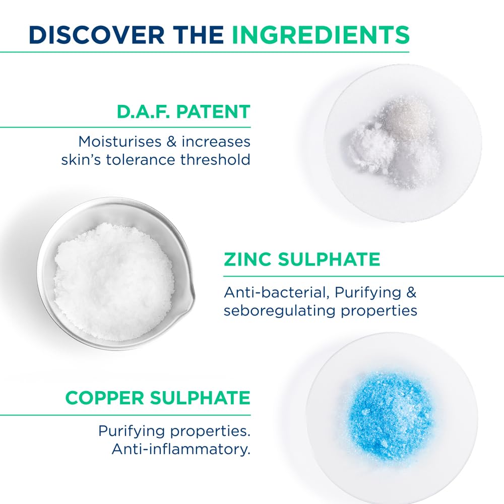 Ingredients of a skincare product with D.A.F. Patent, Zinc Sulphate, and Copper Sulphate displayed.