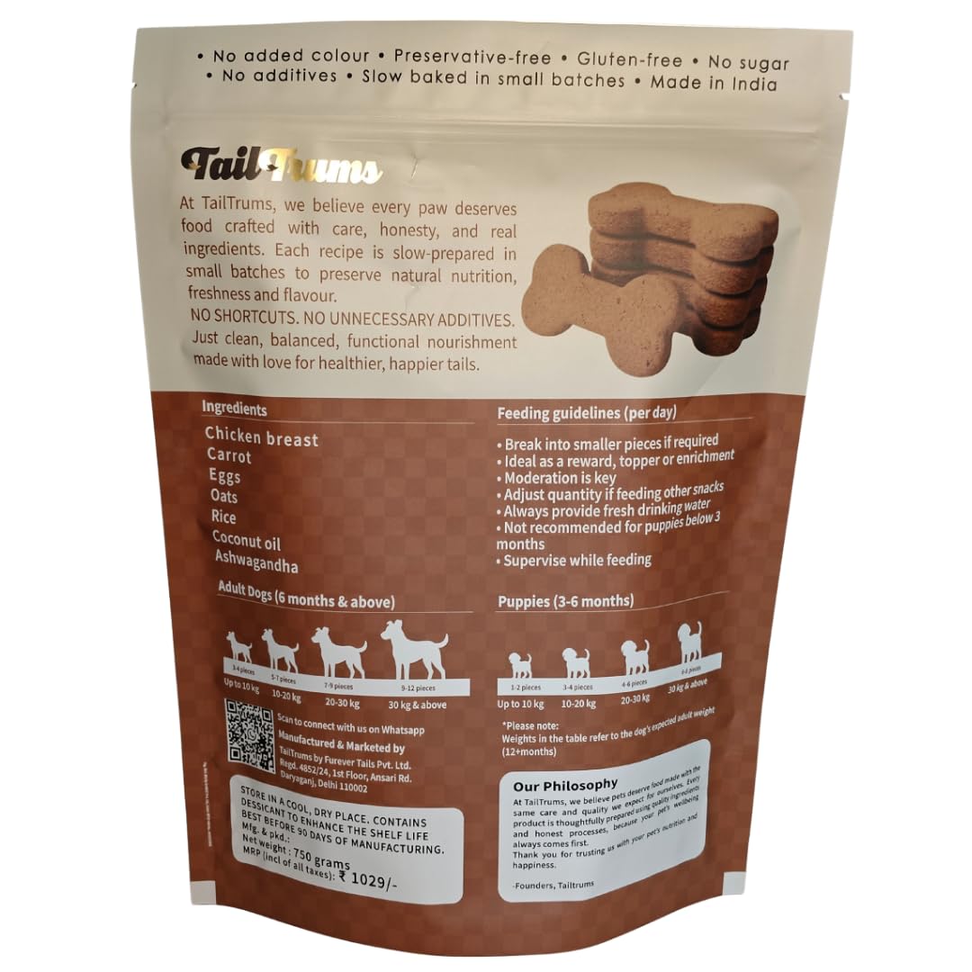 TailTrums Dog Biscuits – Chicken & Carrot Cookies with Ashwagandha 750g | Healthy Dog Food | Freshly Baked Dog Treats, All Natural & Preservative Free | Human-Grade Ingredients| All Breeds |