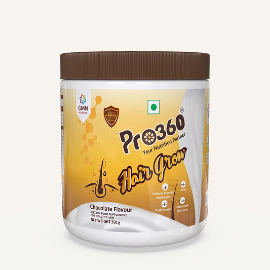 Pro360 Hair Grow Nutritional Protein Supplement Powder for Healthy Hair, Glowing Skin & Nails - Enriched with Biotin and Green Apple Skin Extract for Men & Women - Chocolate Flavor 250g (Pack of 1)