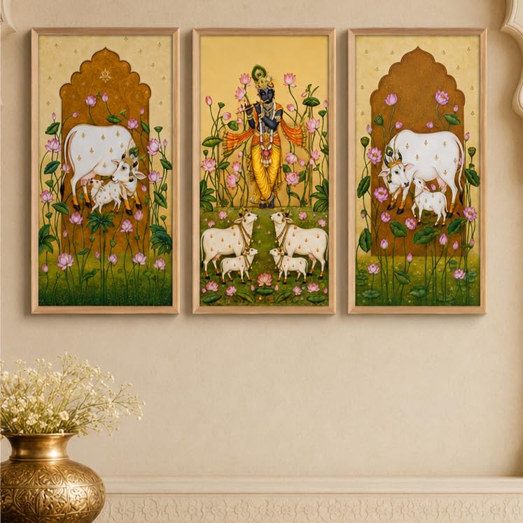 Set of 3 Krishna Cow Lotus Pichwai Wall Paintings with Sparkle Laminate, Premium Wooden Synthetic Frame, Religious Art for Living Room Pooja Temple Decor