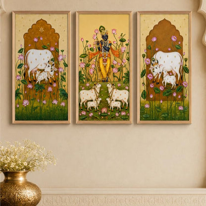 Set of 3 Krishna Cow Lotus Pichwai Wall Paintings with Sparkle Laminate, Premium Wooden Synthetic Frame, Religious Art for Living Room Pooja Temple Decor