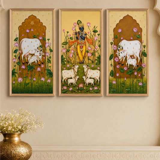 Set of 3 Krishna Cow Lotus Pichwai Wall Paintings with Sparkle Laminate, Premium Wooden Synthetic Frame, Religious Art for Living Room Pooja Temple Decor