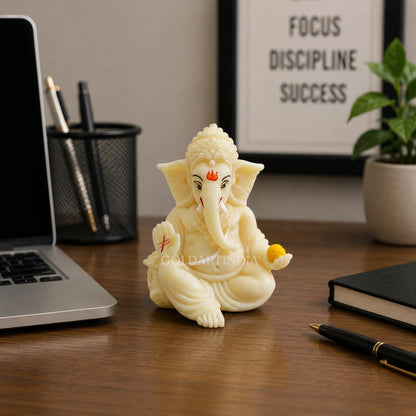 Gold Art India Ivory Finish Gaddi Ganesh Idol for Car Dashboard Small Ganesha Murti Ganpati Idol for Home Decor Puja Lord Ganesh Statue Gift for Office Desk Puja Room Figurine