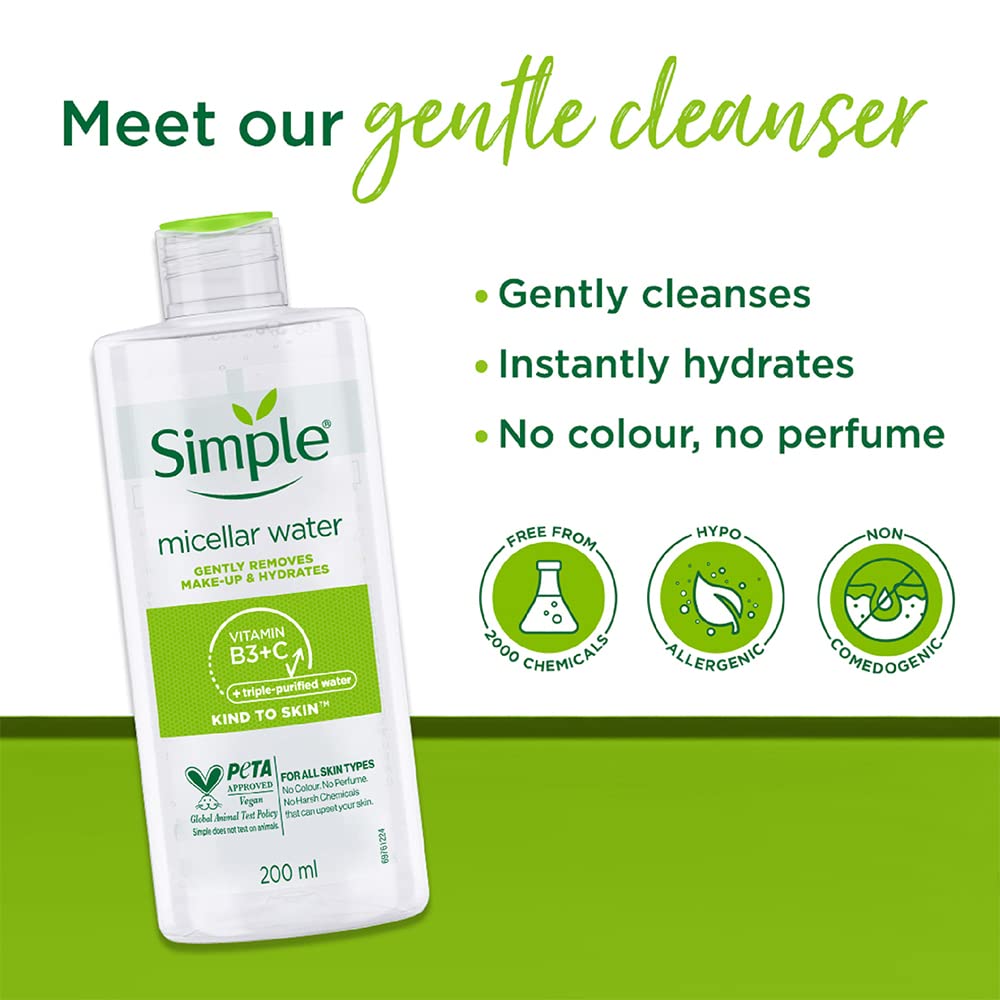 Simple micellar water bottle with product features on a green background