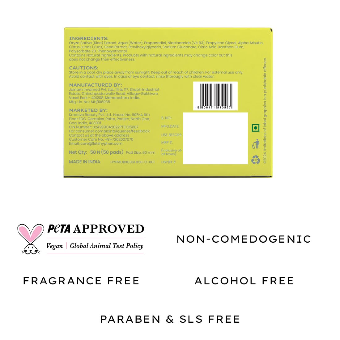 Back of a product box with PETA approval, non-comedogenic, fragrance-free, alcohol-free, paraben & SLS-free text on a white background.