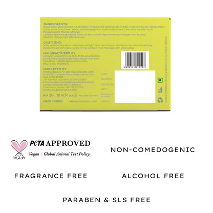 Back of a product box with PETA approval, non-comedogenic, fragrance-free, alcohol-free, paraben & SLS-free text on a white background.