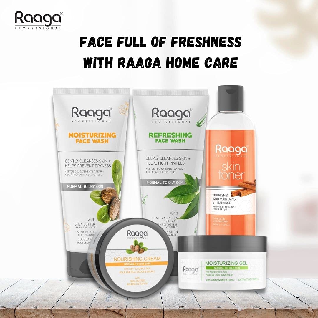 Raaga Home Care skincare products on a wooden surface with a white background