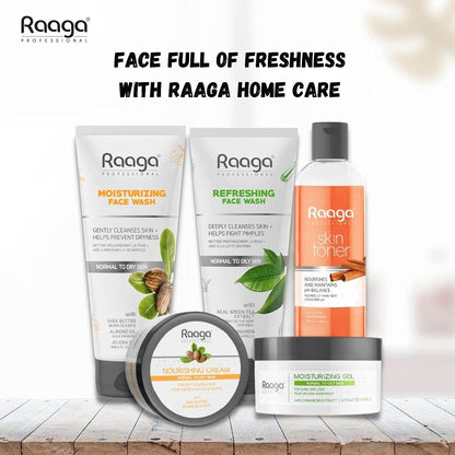 Raaga Home Care skincare products on a wooden surface with a white background