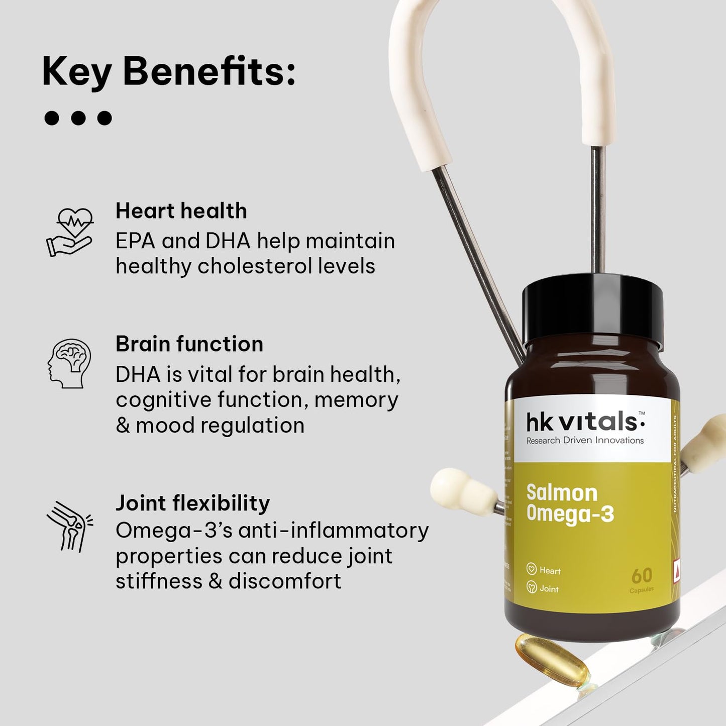 HealthKart hk vitals Salmon Omega 3 (60 Capsules) | 1000mg Omega 3 Fish Oil For Men and Women with 180mg EPA & 120mg DHA | For Joints, Brain, and Eyes Health