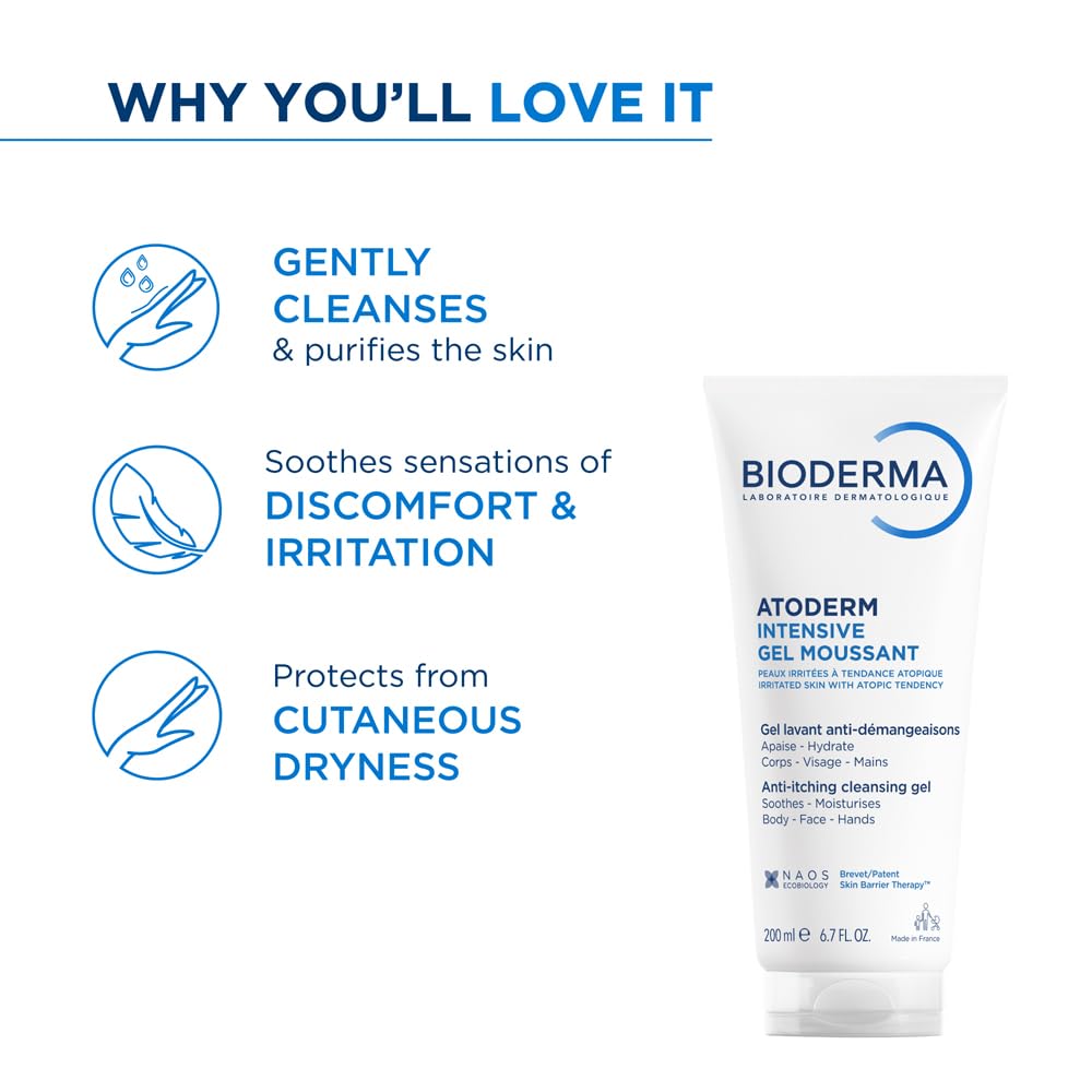 Bioderma Atoderm Intensive Gel Moussant with benefits listed on a white background