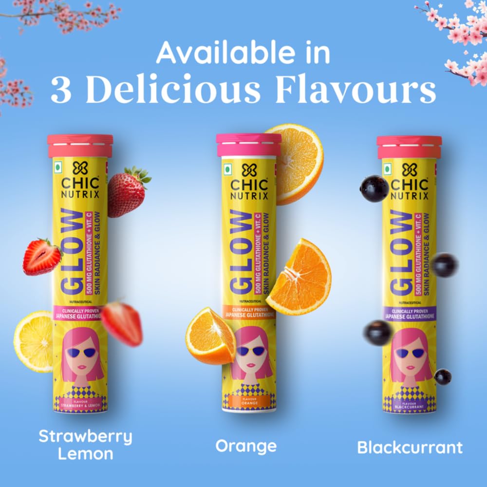 Three Chic Nutrix Glow supplement tubes with fruit illustrations on a blue background