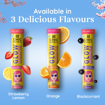 Three Chic Nutrix Glow supplement tubes with fruit illustrations on a blue background