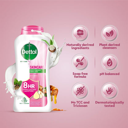 Dettol Skincare Body Wash and Shower Gel for Women and Men, 250ml | Soap-Free Bodywash | 8h Moisturization