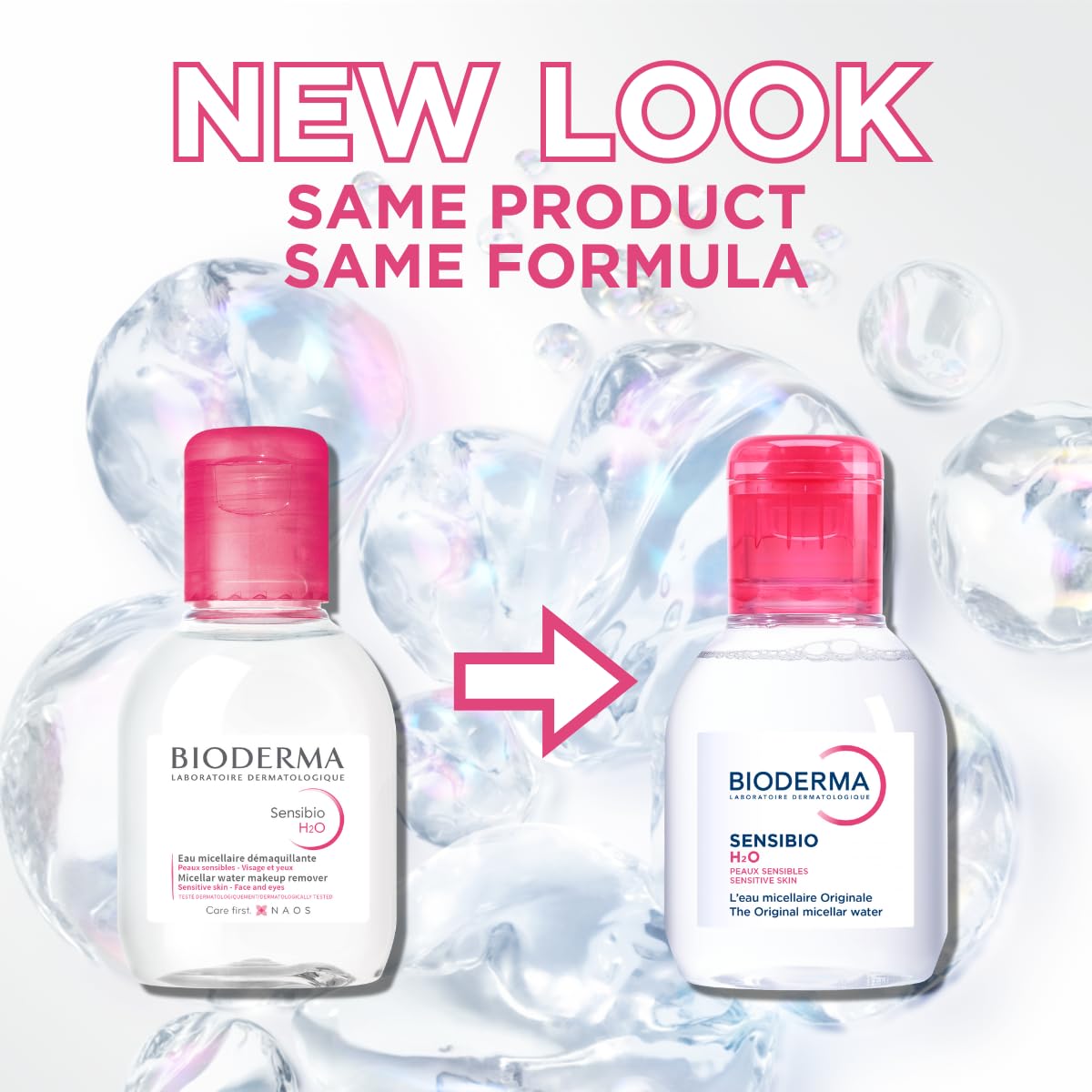 Two Bioderma skincare products with water droplets and text indicating a new look with same product and formula.