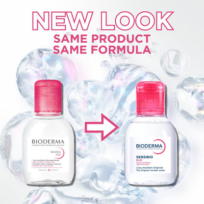 Two Bioderma skincare products with water droplets and text indicating a new look with same product and formula.