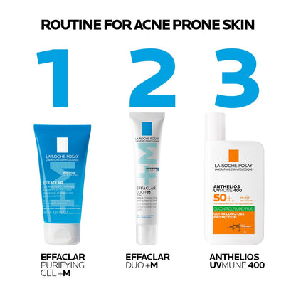 Three La Roche-Posay skincare products with step-by-step instructions for acne-prone skin on a white background.