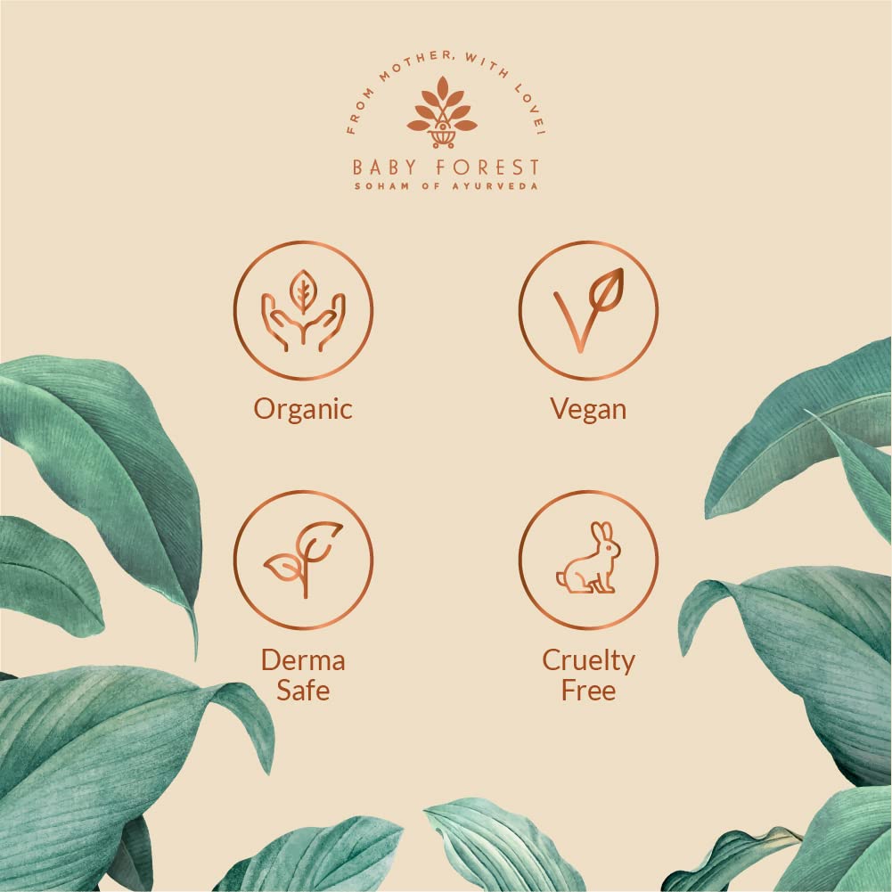 Baby Forest brand certification icons with organic, vegan, derma safe, and cruelty free symbols on a beige background with green leaves.