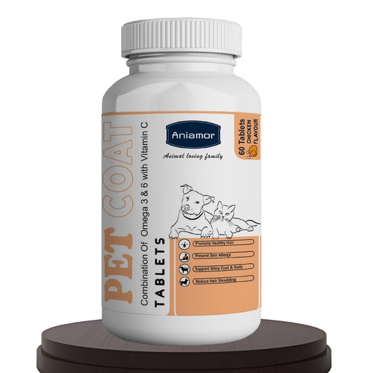 Aniamor Pet Coat Tablets for Dogs & Cats | Omega 3 for Dogs | Supports Healthy Skin, Shiny Coat, Reduces Shedding | Omega 3 Supplement for Dogs | Chicken Flavour | for All Life Stages | 60 Tablets