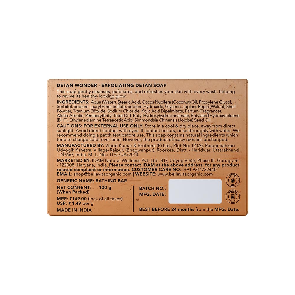 Back of a soap packaging with text and branding details on a white background