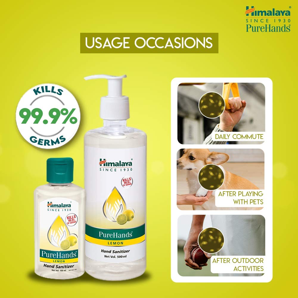 Himalaya PureHands hand sanitizer bottles with usage occasions on a green background