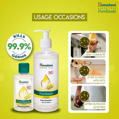 Himalaya PureHands hand sanitizer bottles with usage occasions on a green background