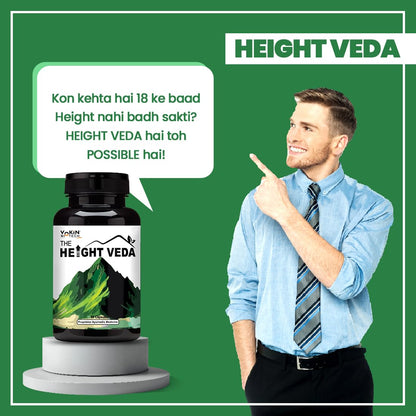 HEIGHT VEDA supplement bottle with a man pointing to it on a green background