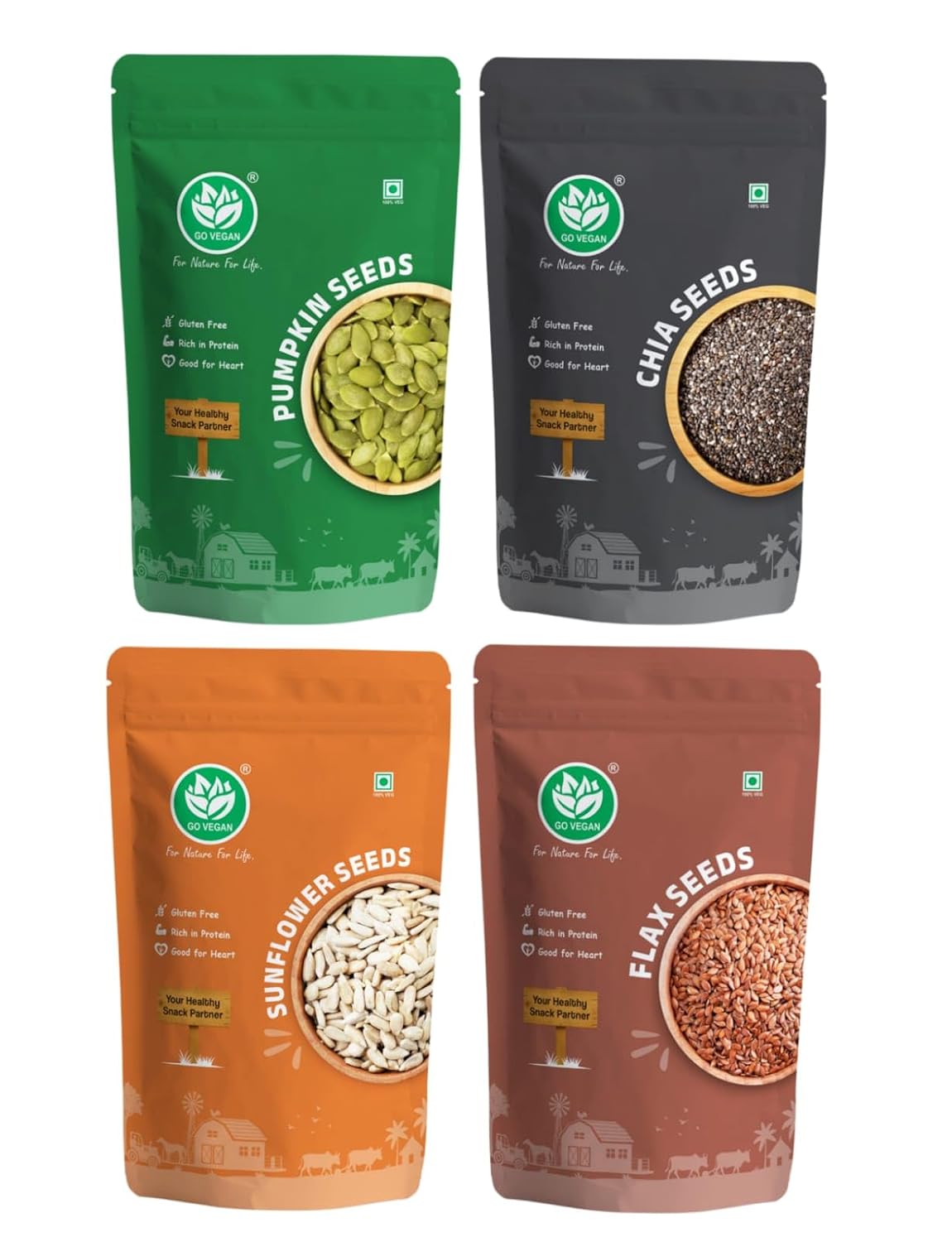 Go Vegan Seeds Combo – Chia, Flax, Sunflower & Pumpkin Seeds -250gm Each | High Fiber & Protein | Plant-Based, Vegan, Keto-Friendly | Resealable Packs – 4 x 250g
