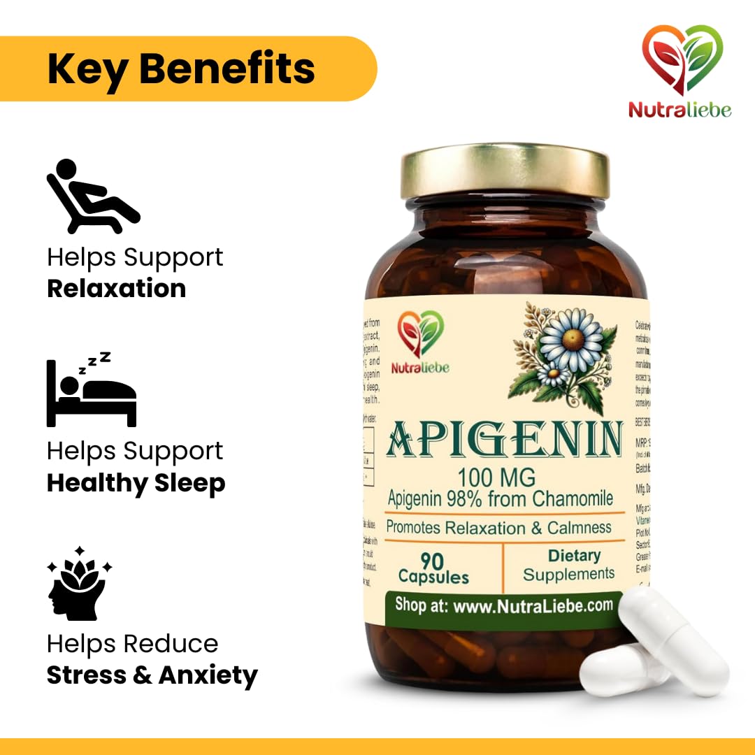 Nutraliebe Apigenin 100 mg – Chamomile Extract Supplement – Natural Sleep & Anxiety Support – Non-GMO, Vegan – 90 Veg Capsules