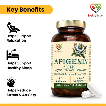 Nutraliebe Apigenin 100 mg – Chamomile Extract Supplement – Natural Sleep & Anxiety Support – Non-GMO, Vegan – 90 Veg Capsules