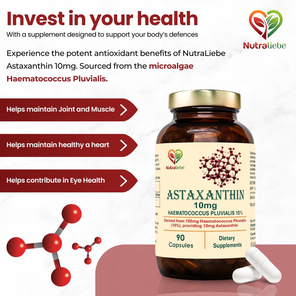 Nutraliebe Astaxanthin 10mg Capsules, Derived from Haematococcus Pluvialis 10%, 90 Non-GMO Capsules