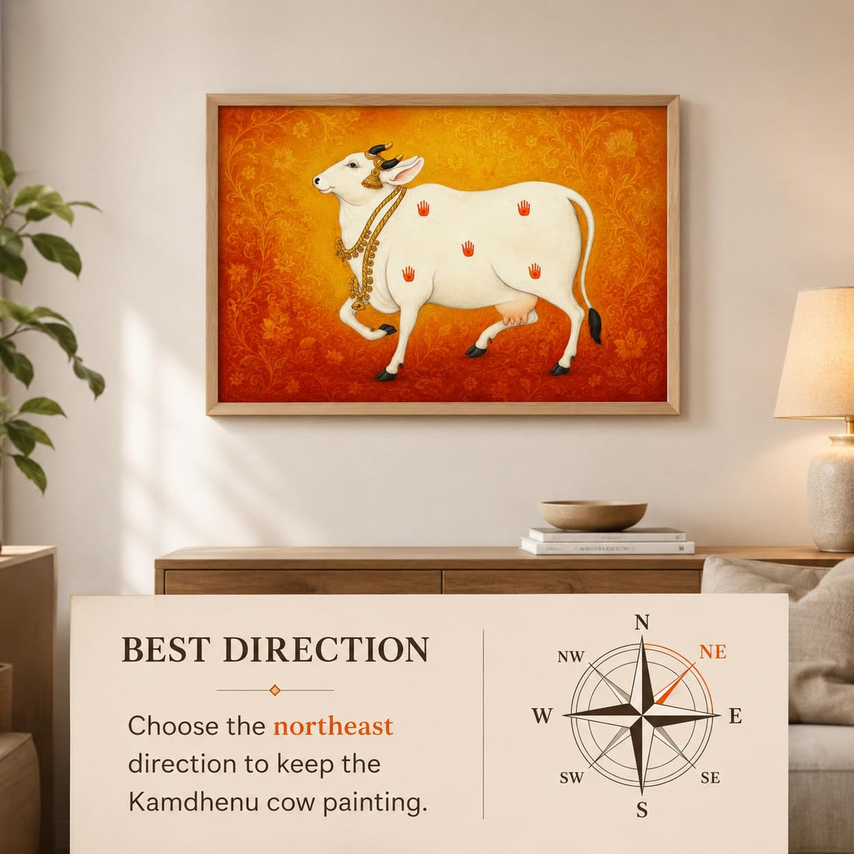 Kamdhenu Cow Vastu Wall Painting for Living Room Bedroom Hall Office Decor, Hindu Spiritual Religious Artwork, Premium Wooden Synthetic Frame (13.5 x 19.5 Inch) NM01-V-175