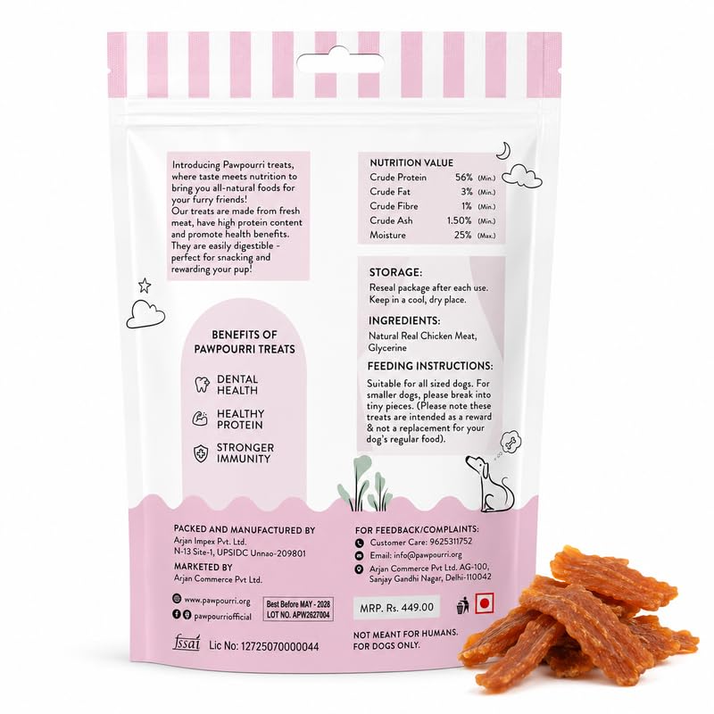 PAWPOURRI Natural Chicken Jerky Soft Dog Treats for All Breeds & Sizes | Daily Use Dog Treats | High Protein Chewy Training & Reward Snacks (Chicken Jerky Soft, Pack of 1) 100gm