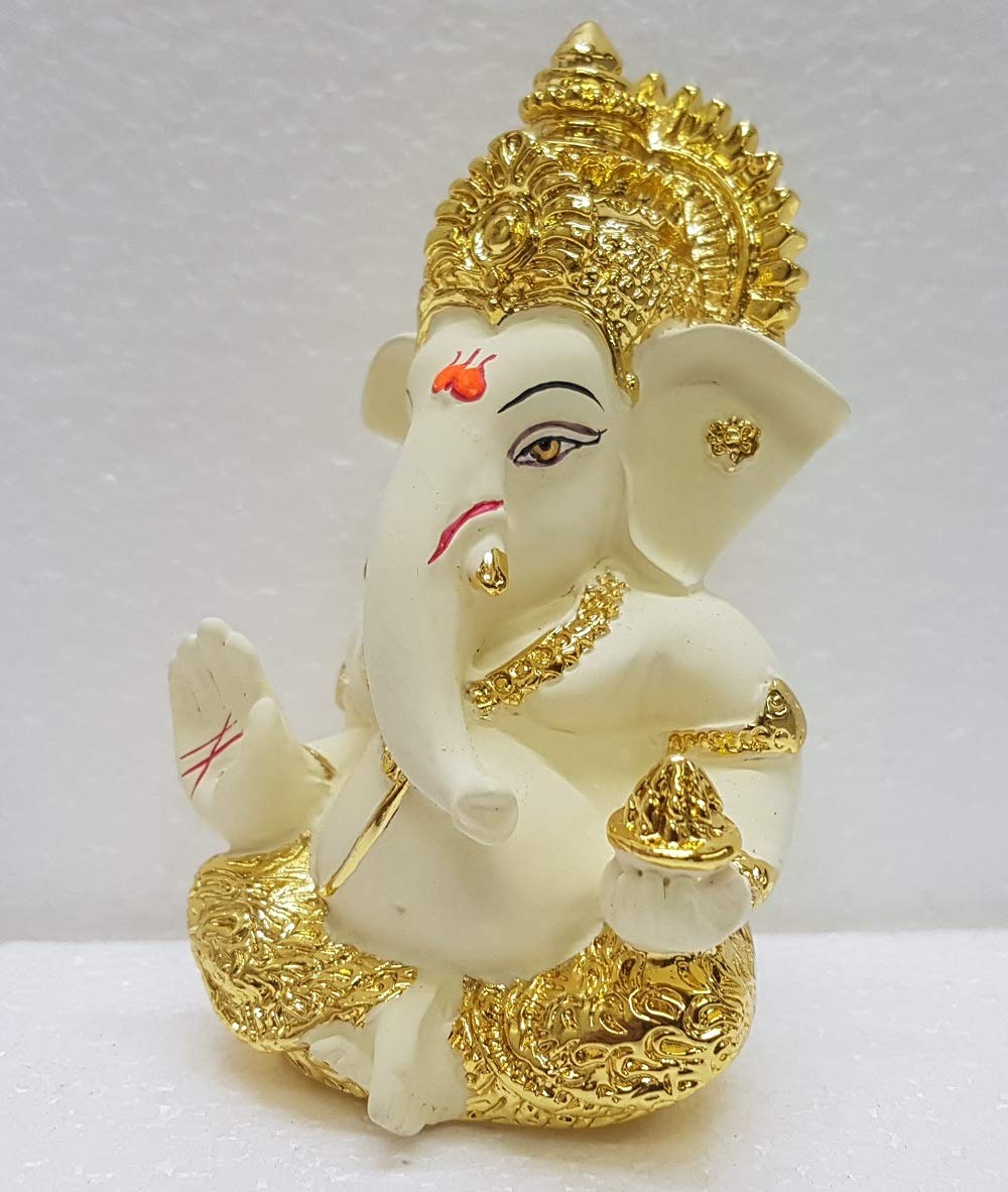Gold Art India Gold and Silver Plated Ganesh Idol for Car Dashboard Small Ganesha Murti Ganpati Idol for Home Decor Puja Lord Ganesh Statue Gift for Office Desk Puja Room Figurine