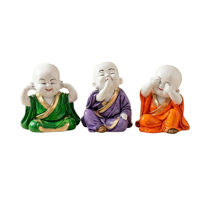 eCraftIndia Resin Green, Purple & Orange Think No Evil Speak No Evil Hear No Evil Set of 3 Cute Little Monk Buddha Statues Decorative Showpieces for Car Dashboard Home Office Desk Decor Gift Purpose