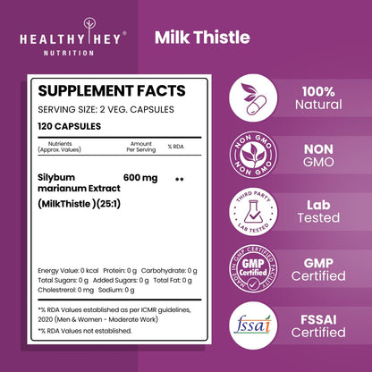 Milk Thistle supplement label with Healthy Hey Nutrition branding on a purple background