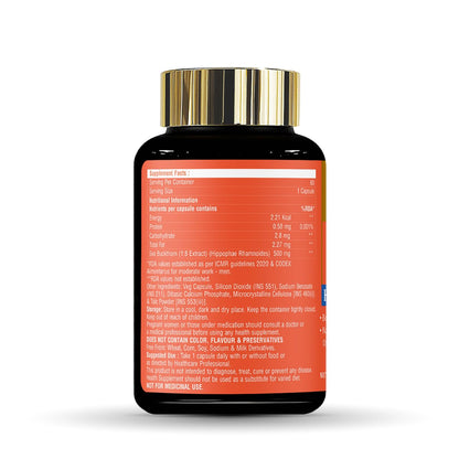 Supplement bottle with gold cap on a white background