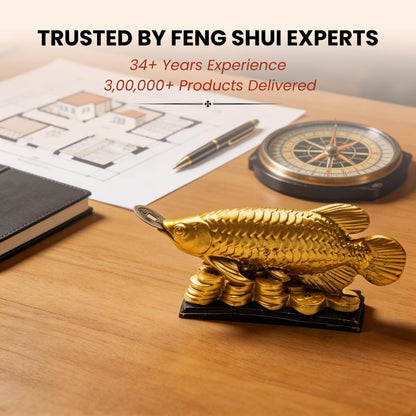 Plus Value Feng Shui Golden Arowana Fish Statue Showpiece with Coin in Mouth Wealth Symbol, Protects Mishaps, Troubles Vastu Products Home & Office Decor Decoration Gifting (Fiber)