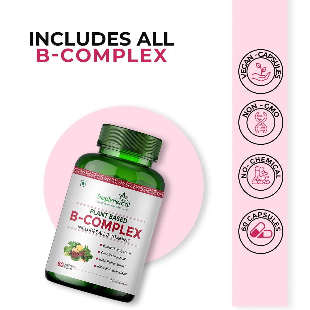 Simply Herbal Plant Based Vitamin B Complex Capsules, B-Complex Vitamin B1, B2, B3, B5, B6, B7, B9 & B12 | Supports Healthy Blood Cells, Metabolism & Improve Body Energy Level, 60 Capsules