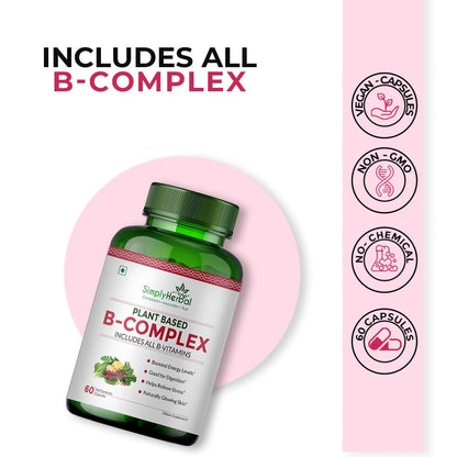 Simply Herbal Plant Based Vitamin B Complex Capsules, B-Complex Vitamin B1, B2, B3, B5, B6, B7, B9 & B12 | Supports Healthy Blood Cells, Metabolism & Improve Body Energy Level, 60 Capsules
