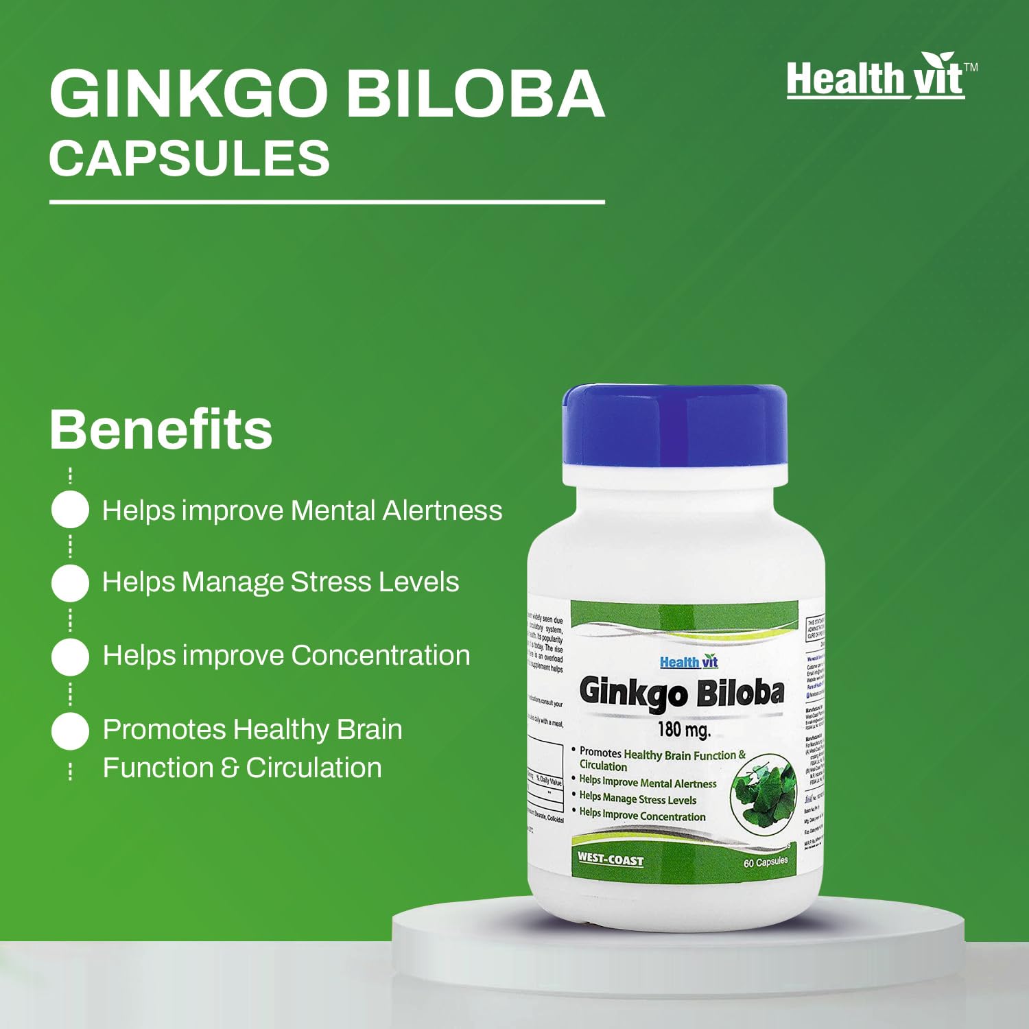 Healthvit Ginkgo Biloba capsules bottle with benefits listed on a green background