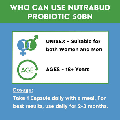 Nutrabud Probiotic Supplement 50 Billion CFU - 60 Veg Capsules - Probiotic for Gut Health Supplements - Supports Digestion & Immunity (60 Count (Pack of 1), Unflavoured)