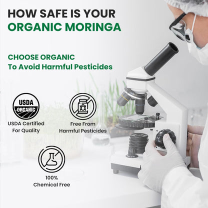 Person using a microscope with text about organic moringa and pesticide safety.