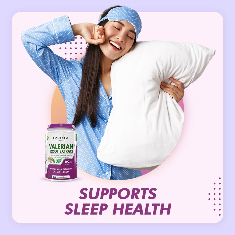 Woman holding a pillow with a bottle of Valerian Root Extract on a light purple background