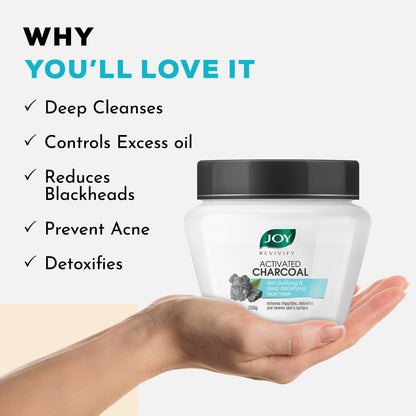 Joy Activated Charcoal Face Pack for Skin Purification & Detoxification (250gm) | Clay Mask with Bentonite & Kaolin Clay for Men & Women | Removes Dirt, Controls Sebum & Reduces Wrinkles