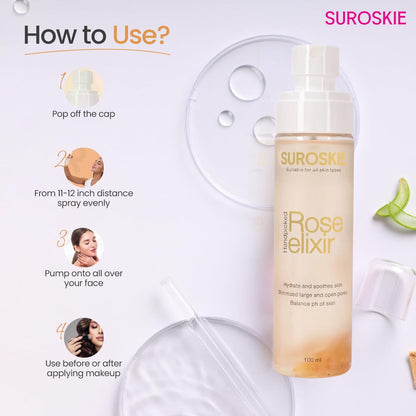Suroskie Rose Water Elixir Face Mist 100Ml | Pure Rose Water | Face Toner For Glowing, Refresh & Hydrating Skin | Minimize Large & Open Pores | Balance Ph Of Skin | Gulab Jal For Women & Men