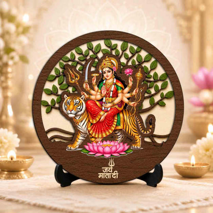 Plan To Gift Durga Maa Table Top Wooden Idol/Murti for Mandir Decoration, Office Desk & Festive Gift - 5x5 Inch