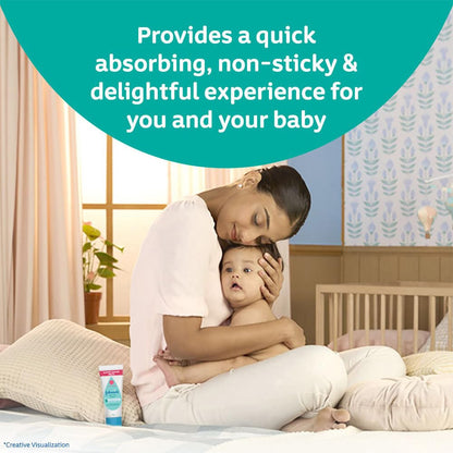 Woman holding a baby with a product container on a bed, text about product benefits.